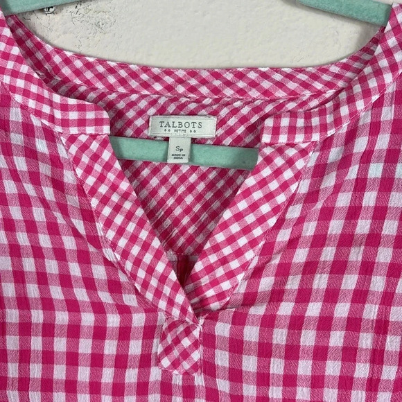 Talbots Gingham Checkered Hot Pink White Long Sleeve Vneck Blouse size S - Picture 3 of 9
